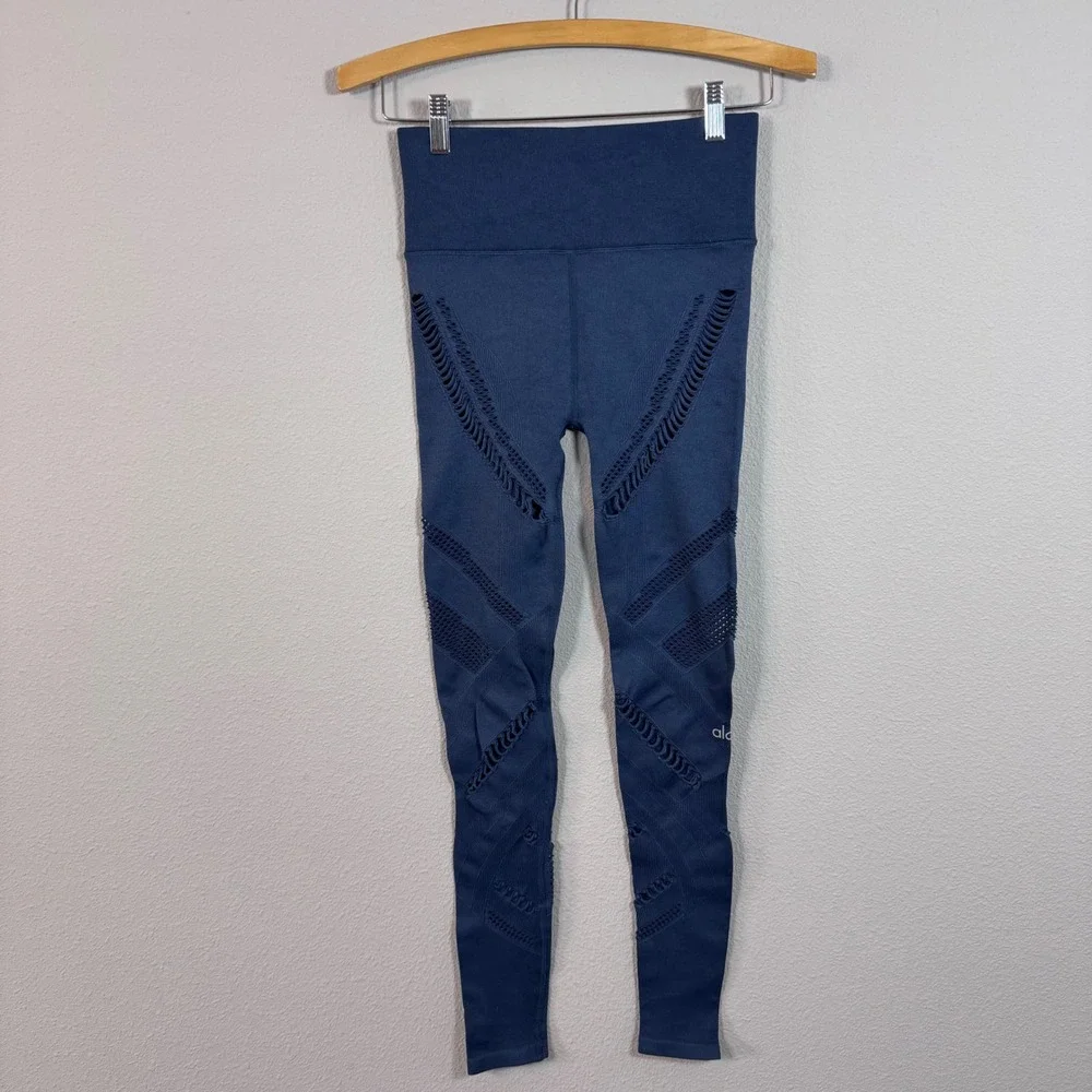 Alo Yoga Seamless Illusion High Waist Laser Cut Leggings Navy Blue Women's Small